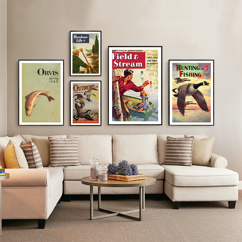 Outdoor Hunting Paintings - Pôster de pesca colorido vintage, caça,